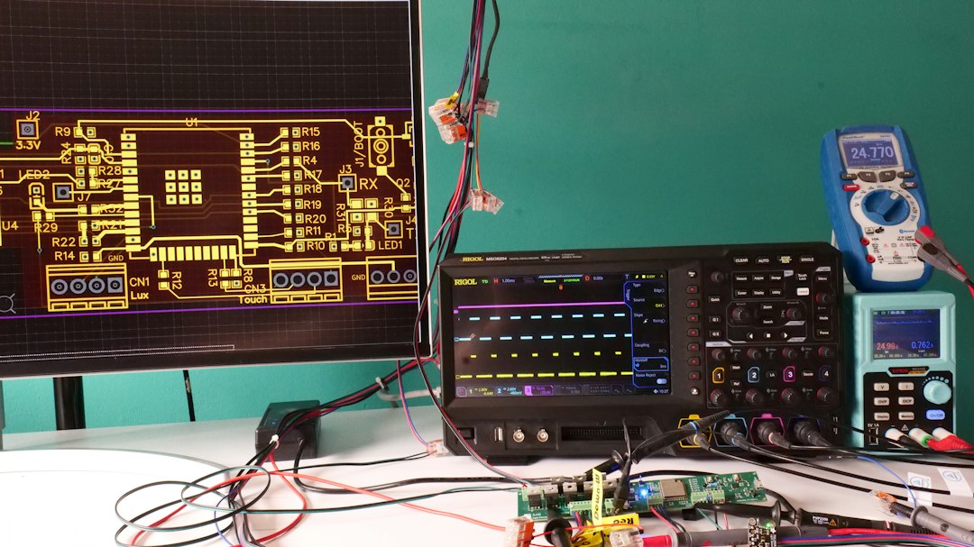 Electronic testing workstation with oscilloscope and circuit measurements