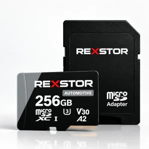 Carte microSD Rexstor Automotive 256 Go avec adaptateur SD — design gris en aplats