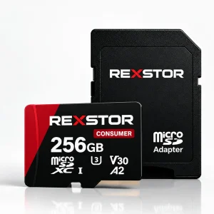 Carte microSD Rexstor Consumer 256 Go avec adaptateur SD — design rouge en aplats