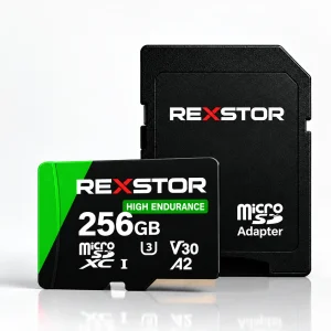 Carte microSD Rexstor High Endurance 256 Go avec adaptateur SD — design vert en aplats