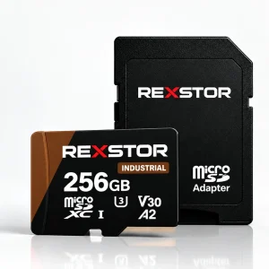 Carte microSD Rexstor Industrial 256 Go avec adaptateur SD — design marron en aplats