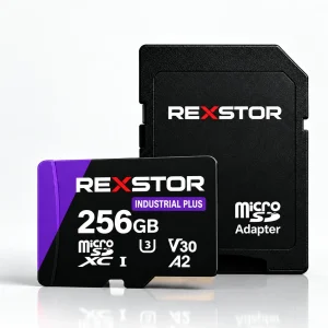Carte microSD Rexstor Industrial Plus 256 Go avec adaptateur SD — design violet en aplats