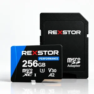Carte microSD Rexstor Performance 256 Go avec adaptateur SD — design bleu en aplats