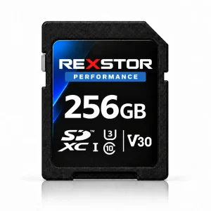 Rexstor Performance – carte SD 256 Go avec badge bleu